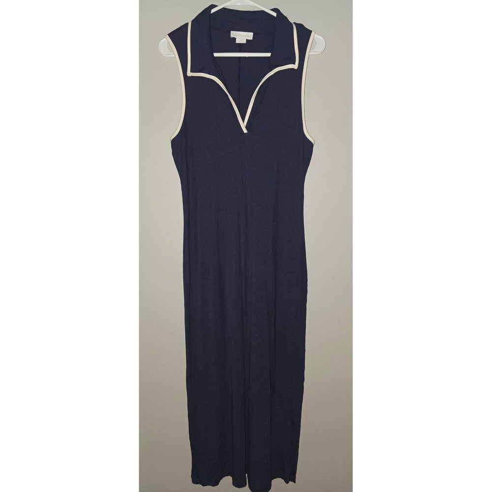 House of Harlow 1960 Navy Ribbed Sleeveless Maxi Dress with Cream Trim Size L